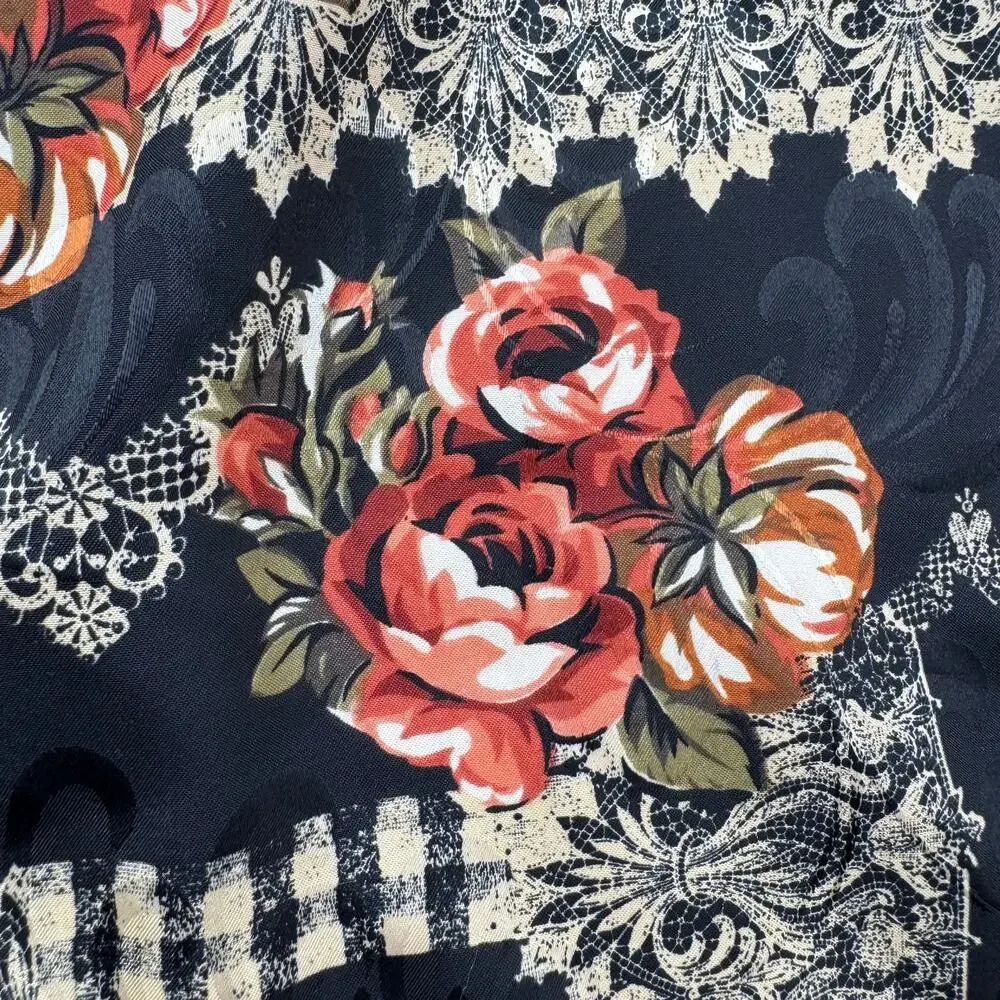 Vintage Black Floral Satin Lightweight Boho Cottage Square Scarf